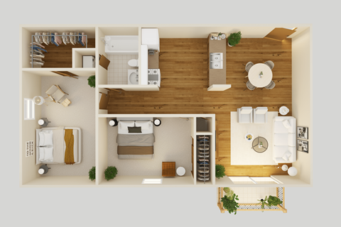 Floor plan for 2 beds, 1 bath, 747 sqft